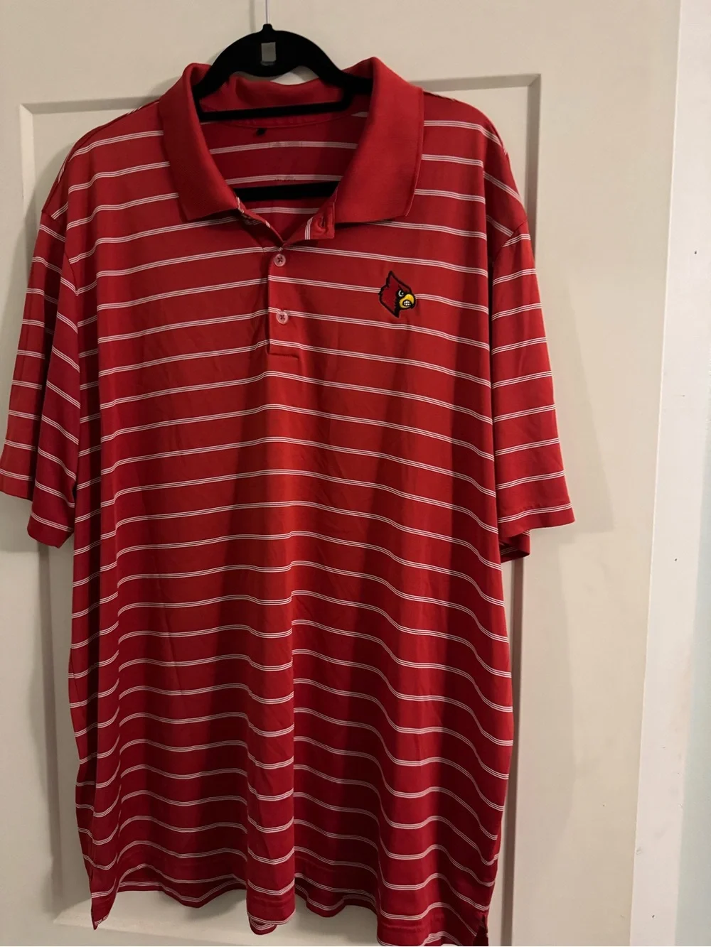 adidas Red and White Striped Polo with Embroidered Cardinal